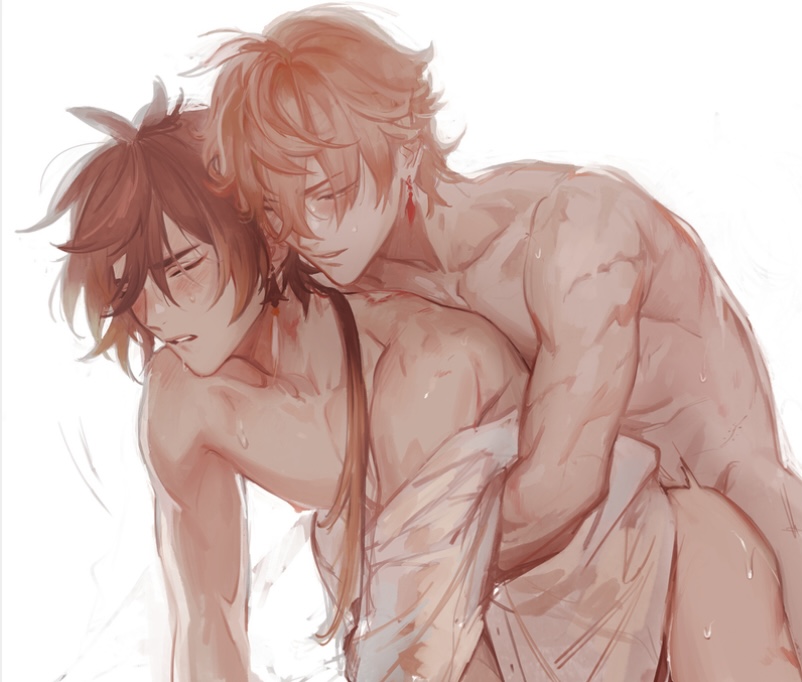 childe (genshin impact), gay, genshin impact, hugging from behind, implied sex, male, male only, male/male, tartaglia (genshin impact), yaoi, zhongli (genshin impact)