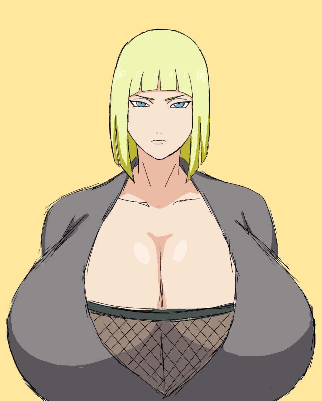 1girls, alternate breast size, big breasts, blonde hair, blue eyes, blunt bangs, bob cut, breasts, breasts bigger than head, center opening, cleavage, clothed, clothed female, clothing, eye contact, female, female only, fishnet shirt, fishnet topwear, fishnets, gigantic breasts, huge breasts, kimono, light skin, light-skinned female, long hair, looking at viewer, mesh, mesh shirt, milf, momiji (artist), naruto, naruto (series), naruto shippuden, no bra, no underwear, oppai, plain background, presenting, presenting breasts, samui, serious, shoulder length hair, simple background, solo, solo female, solo focus, staring, staring at viewer, upper body, yellow background