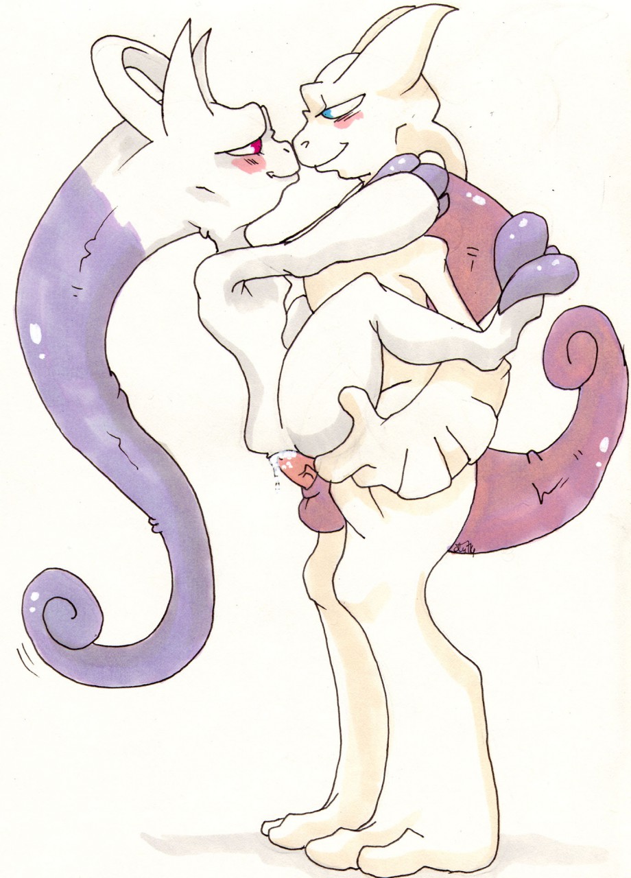 2boys anthro blue_eyes blush cum_in_pussy cum_inside gay mega_mewtwo_x mega_mewtwo_y mewtwo nelsonnoir no_humans pink_eyes pokemon pokemon_(species) pokemon_xy straight traditional_art traditional_media_(artwork) yaoi