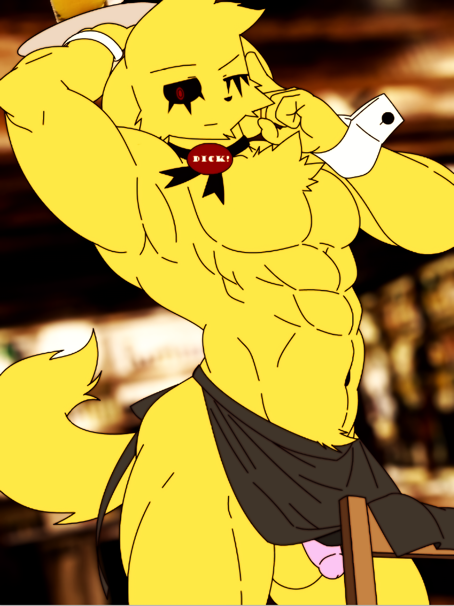 abs anthro balls bara belly_button black_sclera burebure canine hispanic_youtuber los_compas male male_only mammal mcyt mikecrack mikecrack.exe muscular_male pecs pectorals poking_out pose tail waiter waitress_uniform wardrobe_malfunction youtube youtube_hispanic youtuber