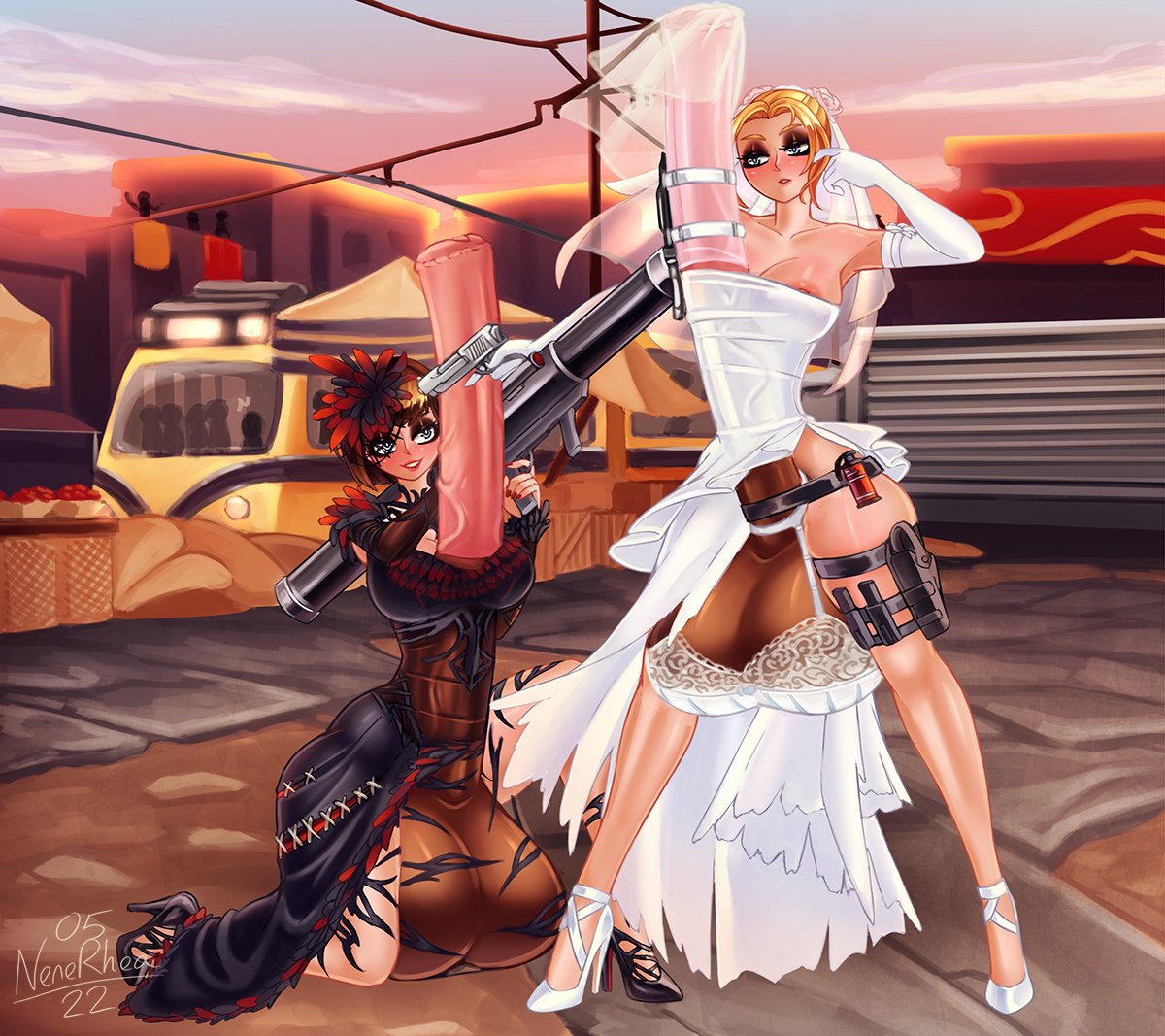 2futas, animal genitalia, anna williams, autopaizuri, autopaizuri under clothes, balls, balls bra, black hair, blonde hair, breasts, clothed, clothing, detailed background, elbow gloves, erection, futa only, futanari, gloves, high heels, horsecock, horsecock futa, human, human with animal genitalia, human with horsecock, hyper, hyper balls, hyper penis, intersex, light skin, light-skinned futa, long penis, mostly clothed, nenerhea, nina williams, partially clothed, penis, short hair, standing, tekken, thick thighs, very long penis, wedding dress, wide hips