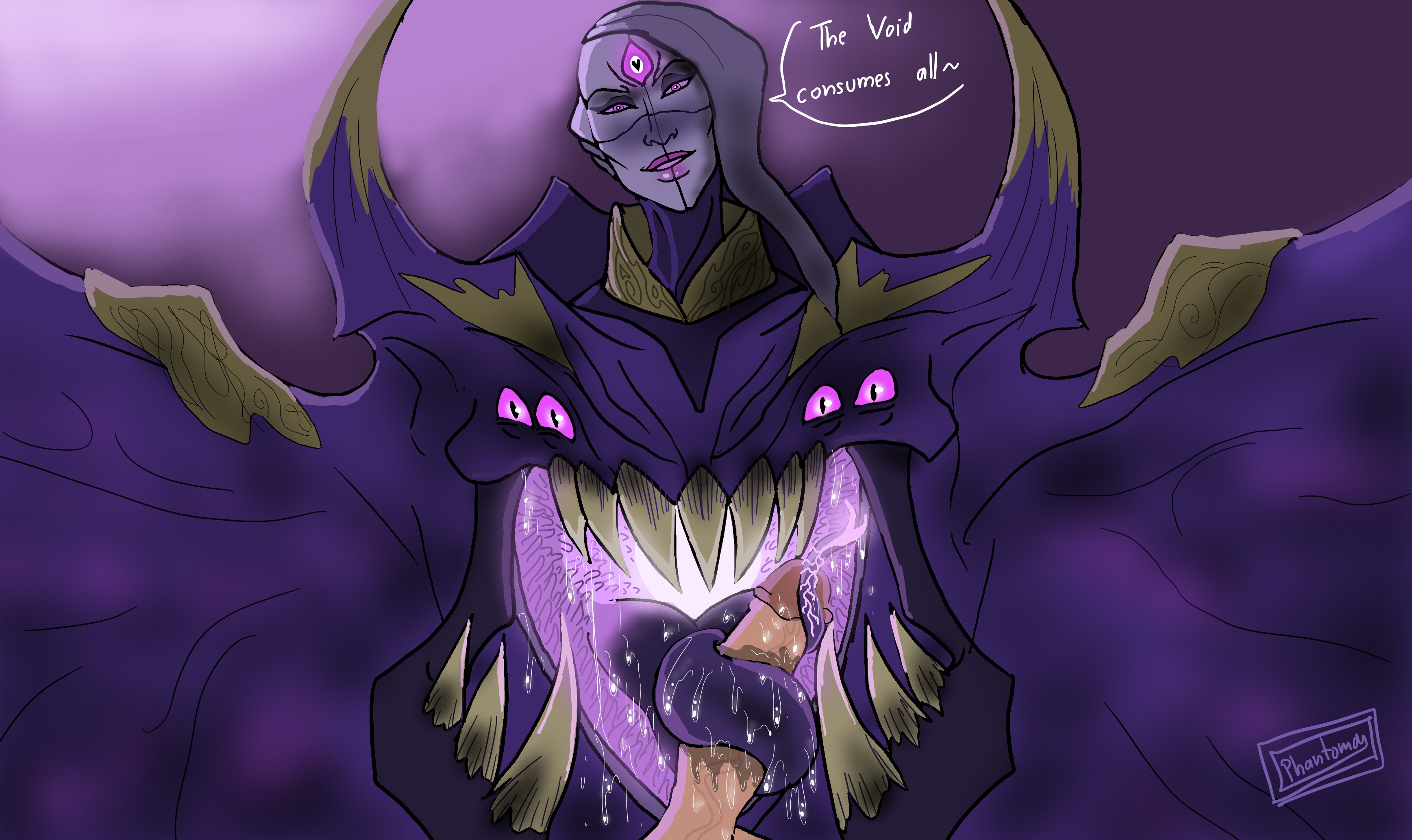 athletic, athletic female, bel'veth, blowjob, eldritch horror, fangs, fellatio, female, human, human penetrating, league of legends, light skin, light-skinned male, long tongue, male, monster girl, phantomas (artist), saliva, tonguejob