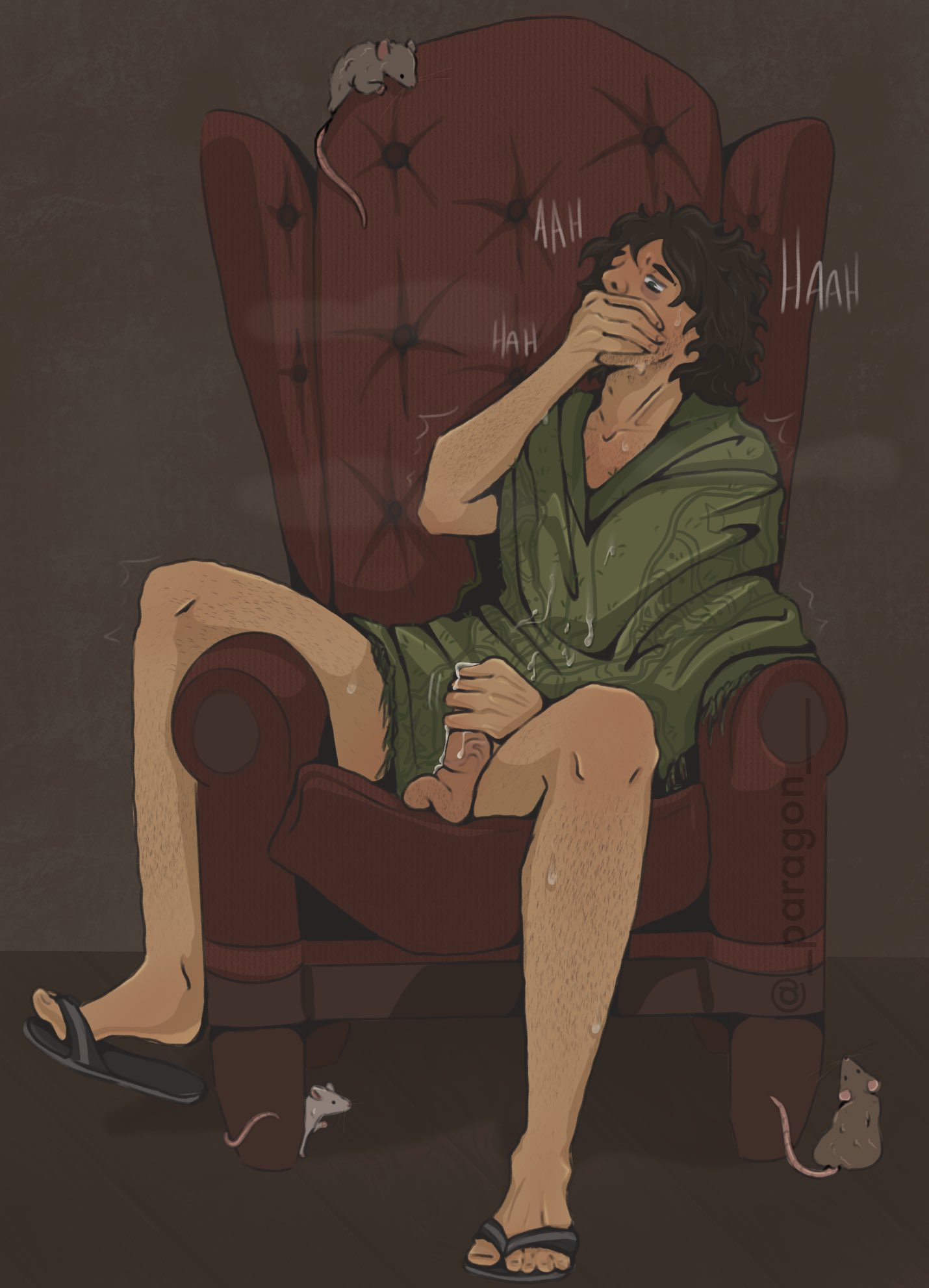 1boy bruno_madrigal chair clothing cum cum_on_self curly_hair disney encanto feet flip_flops hairy hairy_legs looking_down male male_only masturbation paragon_(artist) partially_clothed rat sandals