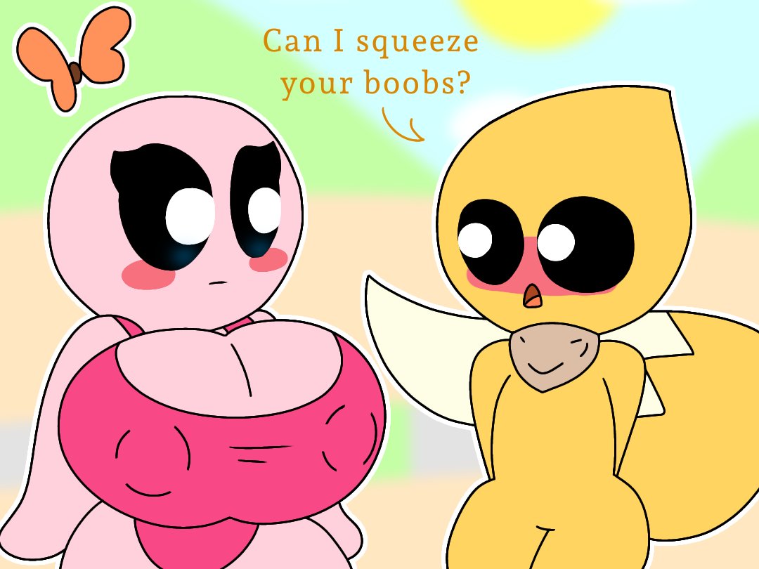 big_breasts black_eyes blue_eyes blush breasts butterfly chubby cute cute_face eyelashes female fox humanoid itisspermo kirby kirby_(series) looking_at_viewer male pink_body pink_skin red_dress tail text yellow_body yellow_skin