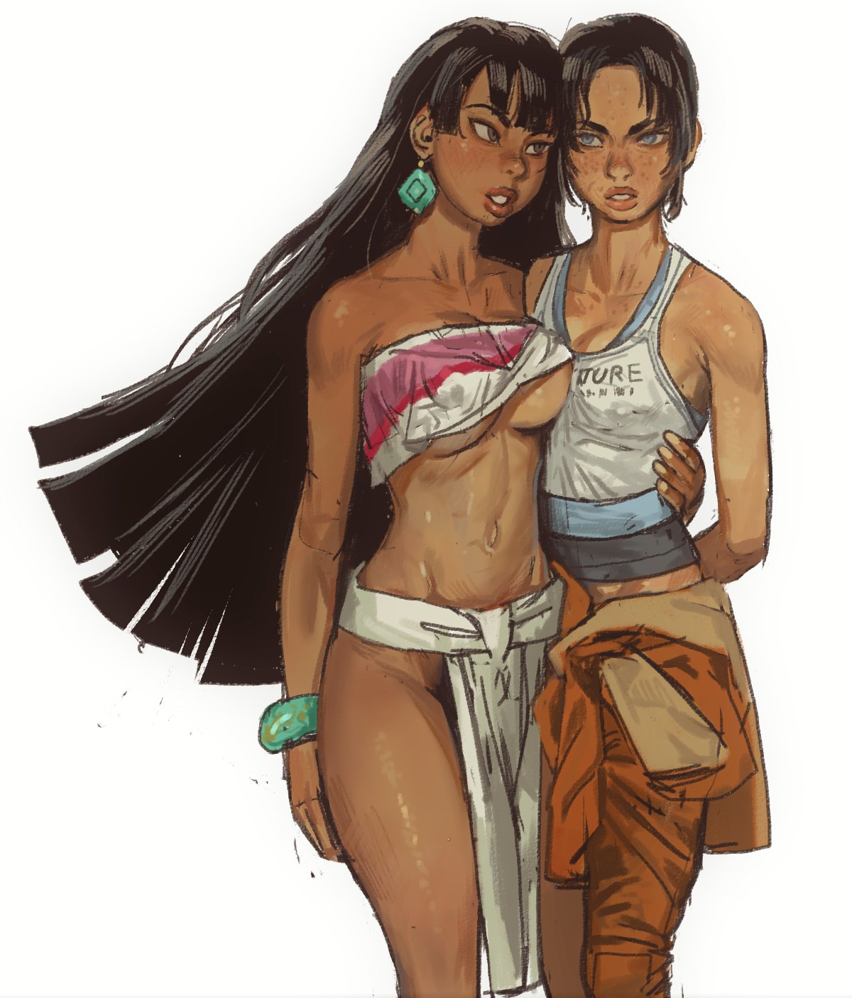 2girls areola_slip areolae bangs black_hair blue_eyes brown_eyes chel chell cleavage clothing crossover dark-skinned_female dark_skin dreamworks erect_nipples female female_only fit_female freckles human jumpsuit jumpsuit_around_waist lips loincloth long_hair midriff mossa multiple_girls nipple_bulge nipple_slip portal_(series) tan-skinned_female the_road_to_el_dorado underboob valve white_background