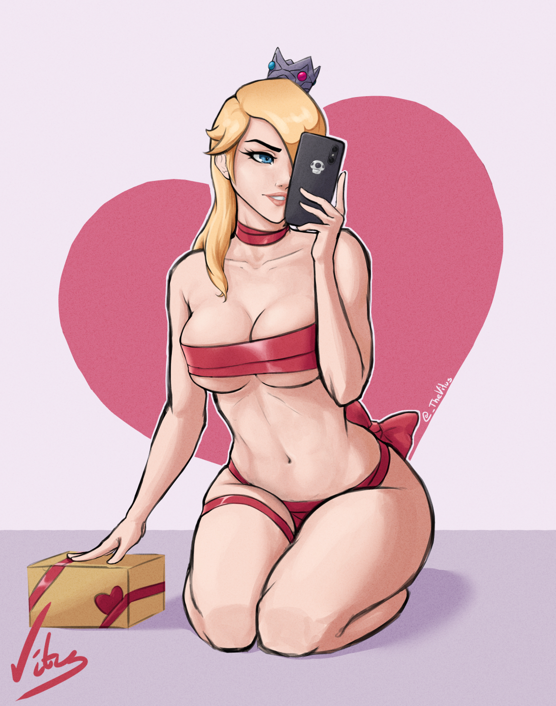 1girls, 2022, ass, big ass, big breasts, big butt, big legs, big thighs, blonde hair, blue eyes, breasts, crown, earrings, female, heart, huge ass, huge butt, huge legs, huge thighs, legs, mario (series), nintendo, one eye covered, phone, pink lips, present, presenting, princess rosalina, ribbon, ribboned body, selfie, thick thighs, thighs, white skin, yellow hair