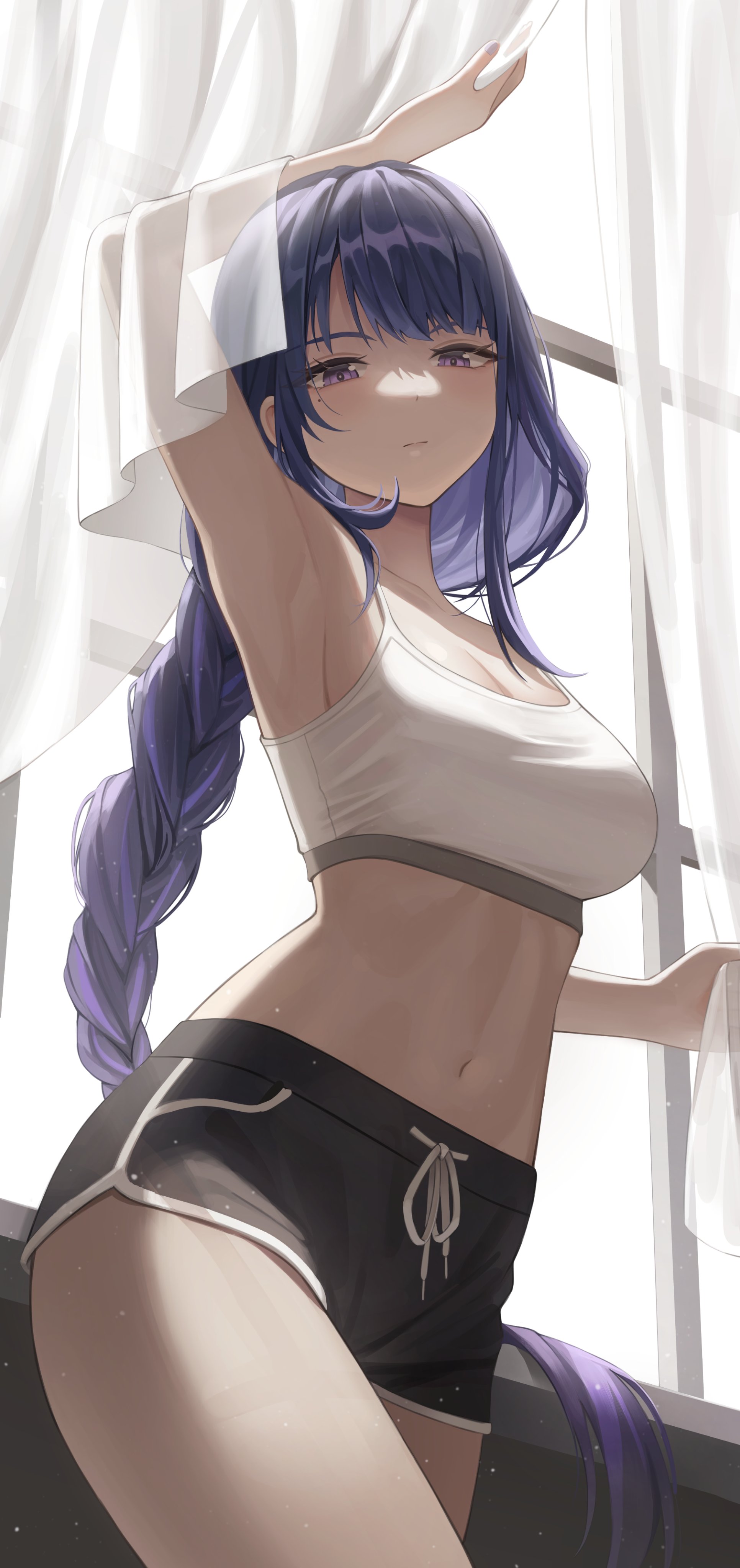 1girls, armpits, beauty mark, braid, braided hair, breasts, cleavage, clothing, curtains, female, genshin impact, hi res, looking at viewer, medium breasts, midriff, milf, mole, mole under eye, navel, purple eyes, purple hair, raiden shogun, shorts, sports bra, sportswear, thighs, window