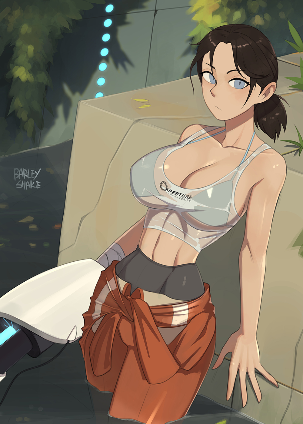 1girls 2022 barleyshake big_breasts blue_eyes bra breasts chell cleavage clothing female human jumpsuit jumpsuit_around_waist large_breasts pale_skin partially_submerged portal_(series) portal_gun see-through see-through_clothing solo solo_female tagme toned valve water weapon wet_clothes