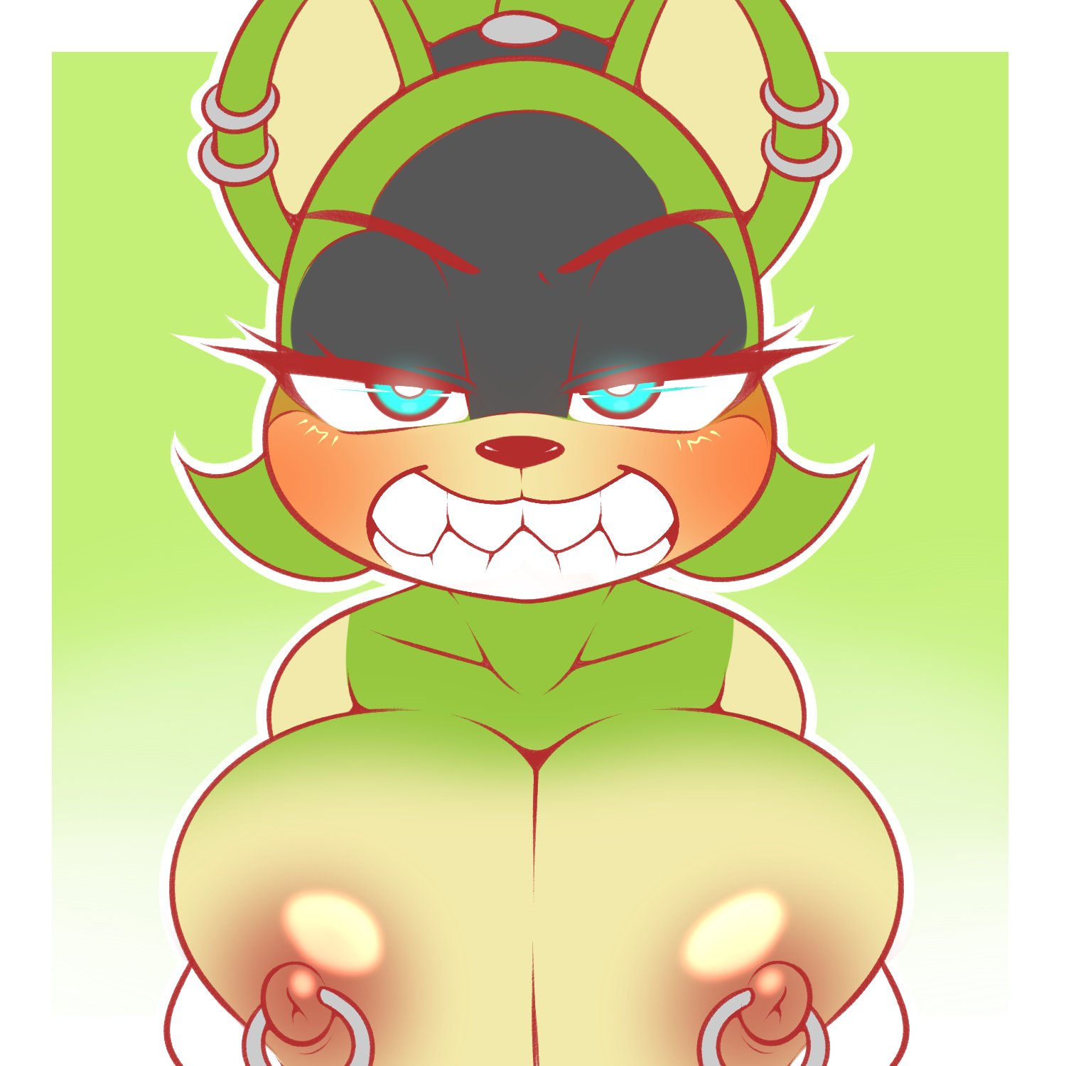 1:1, 1girls, anthro, big breasts, blue eyes, blush, breasts, eyelashes, female, furry, green fur, hair tie, hi res, idw comics, idw publishing, kloudmutt, looking at viewer, nipple piercing, nipples, pierced ears, pierced nipples, piercing, sega, simple background, smiling, solo, sonic (series), sonic the hedgehog (comics), sonic the hedgehog (idw), sonic the hedgehog (series), surge the tenrec, teeth showing