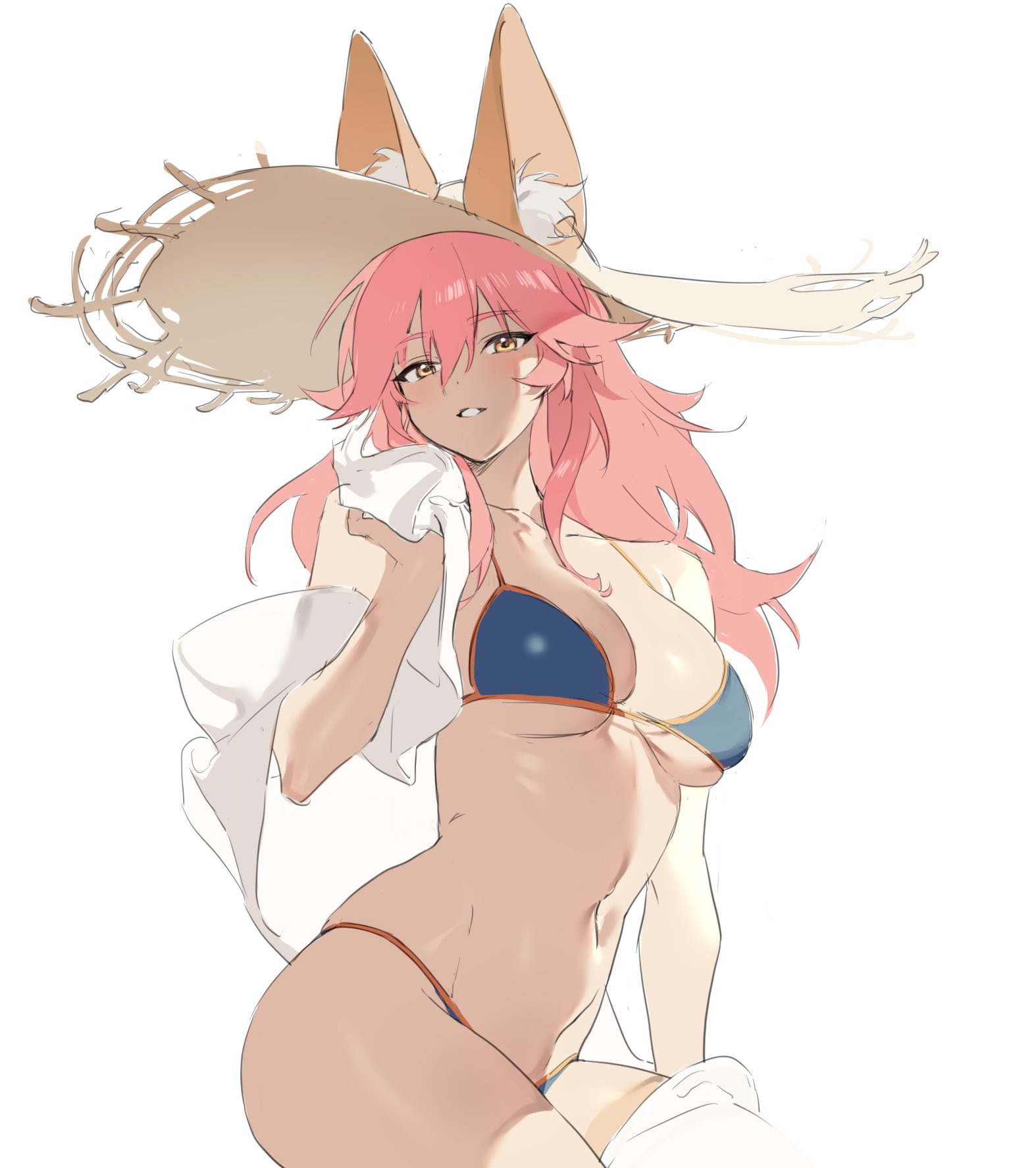 1girls, animal ears, bikini, blue bikini, ears through headwear, eyebrows visible through hair, fate (series), fate/grand order, female, fox ears, fox girl, hat, highres, kurumi (recycllamo), looking at viewer, pink eyebrows, pink hair, solo, straw hat, sun hat, swimsuit, tamamo no mae (fate), tamamo no mae (swimsuit lancer), towel, white background, yellow eyes