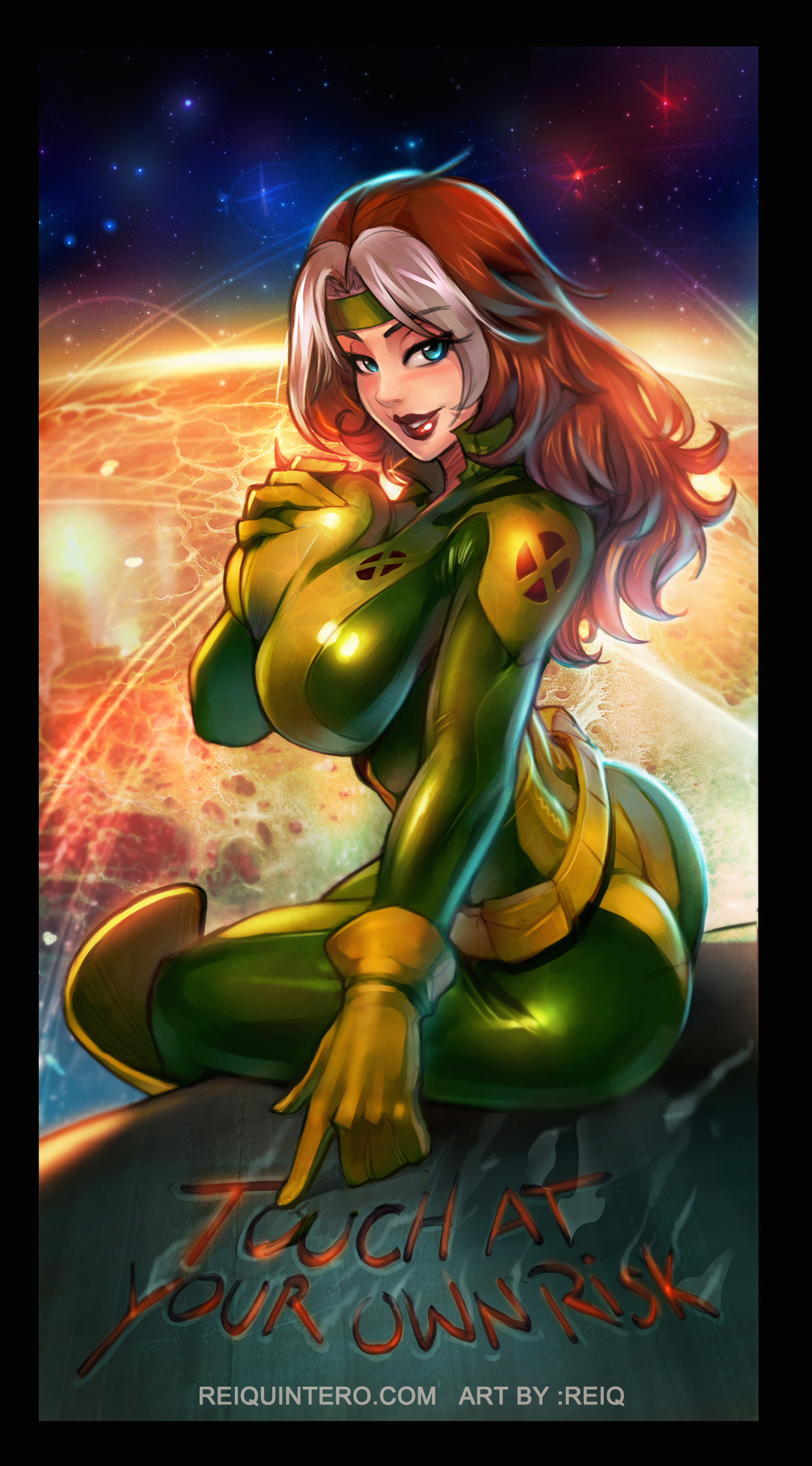 1girls, anna marie, ass, big breasts, big eyes, blue eyes, bodysuit, breast grab, breasts, busty, female, female only, fully clothed, grabbing own breast, hourglass figure, lipstick, long hair, looking at viewer, marvel, marvel comics, red lips, reiq, rogue (x-men), solo, superhero costume, superheroine, tagme, x-men