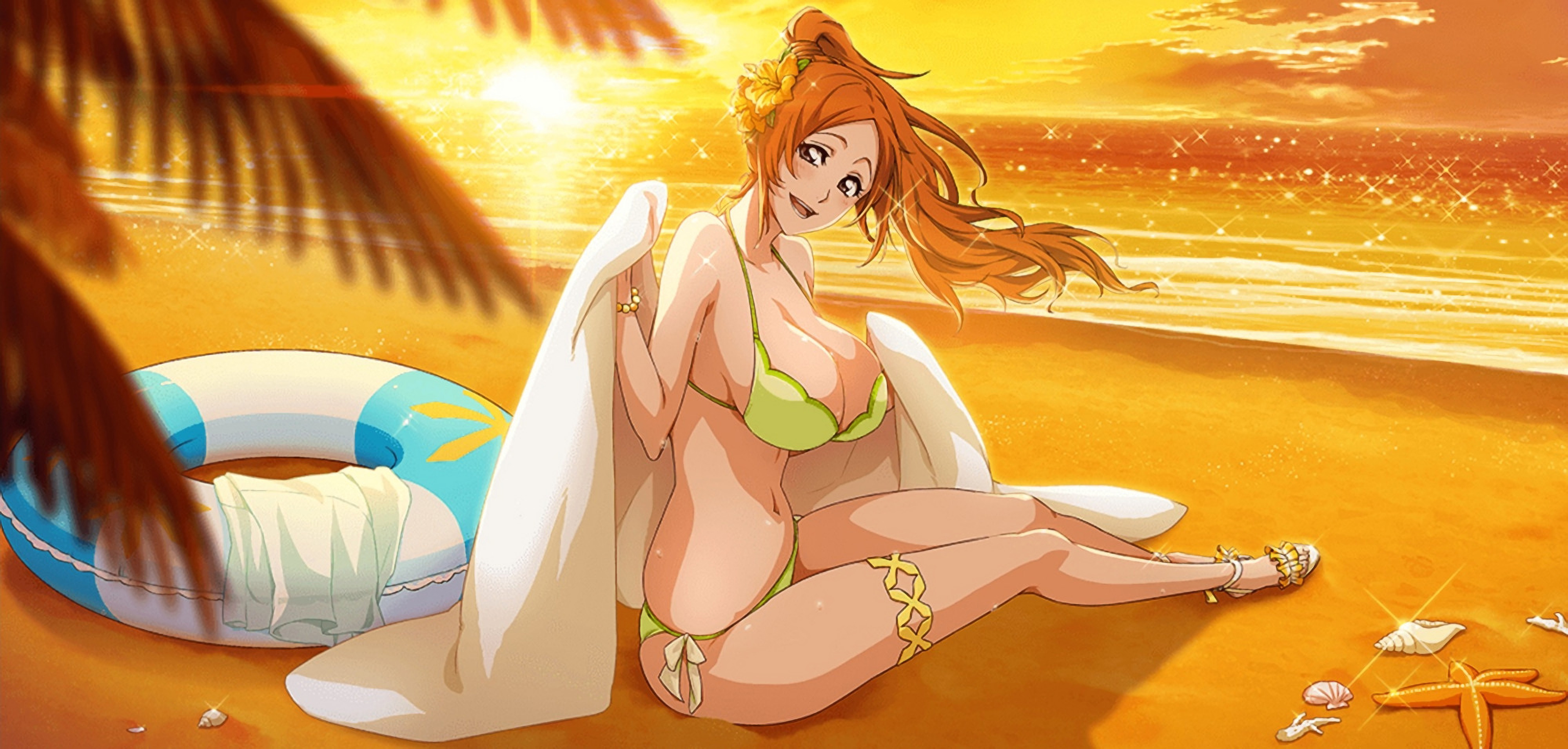 1girls, beak, big breasts, bikini, bleach, bleach brave souls, blush, breasts, cleavage, fat breasts, female, fit, flat belly, inoue orihime, large breasts, official art, open smile, orange hair, smile, smiling, smiling at viewer, swimsuit, wet skin
