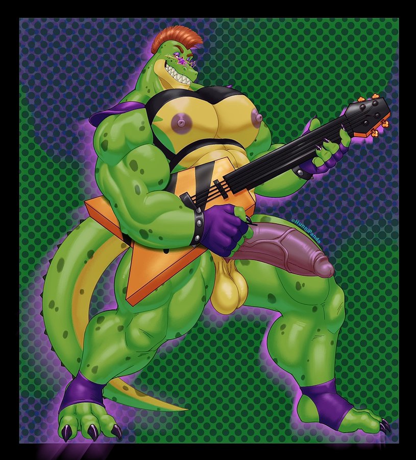 1boy balls bara big_pecs big_penis boner erection fingerless_gloves five_nights_at_freddy's five_nights_at_freddy's:_security_breach fnaf footwear furry glasses gloves green_background green_body hunnipanda looking_at_viewer male male_only mohawk mohawk_(hairstyle) montgomery_gator_(fnaf) muscles muscular muscular_male playing_guitar purple_background purple_clothing red_eyes shades sharp_teeth smile solo solo_male spots yellow_body