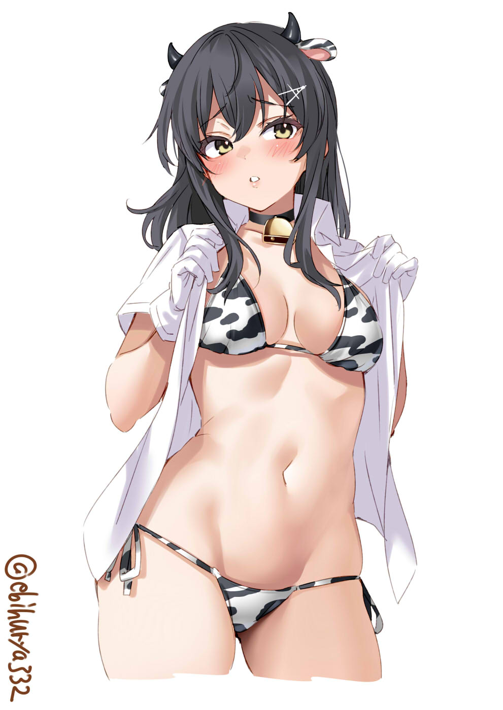 animal ears, animal print, bangs, bell, bikini, black hair, blouse, blush, breasts, brown eyes, cleavage, collar, collarbone, cow ears, cow girl, cow print, cowbell, cowboy shot, ebifurya, eyebrows visible through hair, female, gloves, gluteal fold, gradient, groin, hair between eyes, hair ornament, hair ribbon, hairclip, highres, kantai collection, long hair, looking at viewer, medium breasts, navel, neck bell, open clothes, open shirt, oyashio (kantai collection), parted lips, ribbon, shirt, side-tie bikini, sidelocks, solo, standing, stomach, swimsuit, twitter username, white background, white gloves, white shirt, yellow eyes