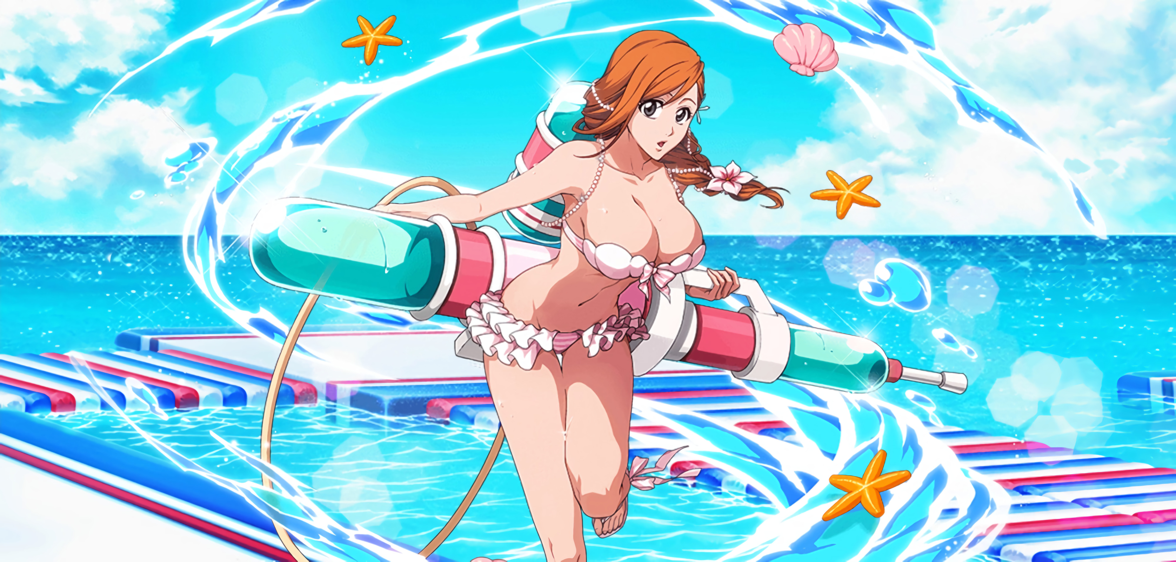 accessory, beach, big breasts, bikini, black eyes, bleach, bleach brave souls, braided hair, breasts, female, fit, inoue orihime, large breasts, official art, open mouth, orange hair, pool, swimsuit, thick thighs