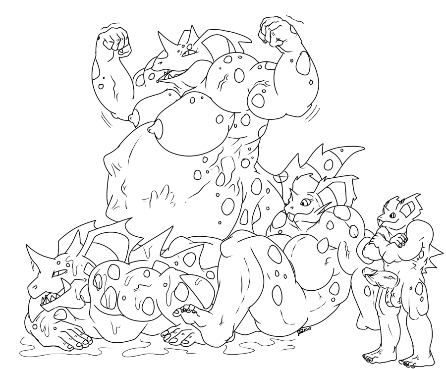 anthro anthrofied birthing fluids horn huge_breasts hyper monochrome nelsonnoir nidoking nidoqueen nidoran nidoran♀ nidoran♂ pokemon pokemon_(species) pokemon_rgby pregnancy pregnant scalie sharp_teeth whiskers