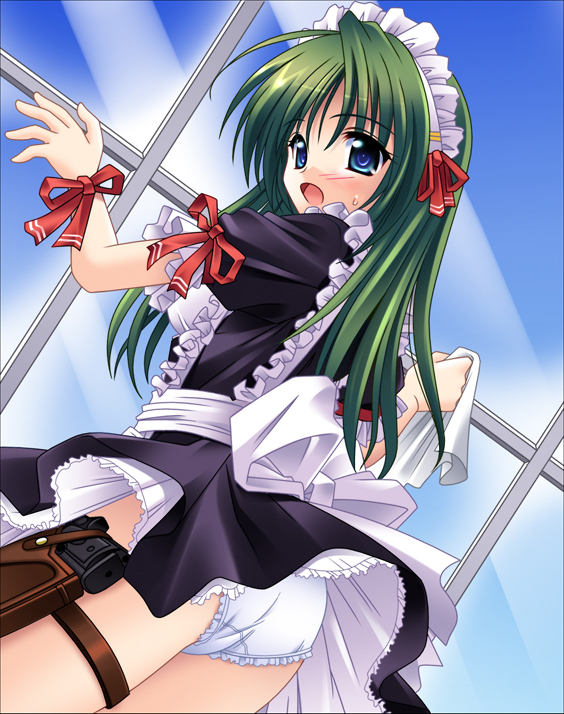 ass blue_eyes blue_sky blush clothed clothing color day frilled_panties frills green_hair gun holster holstered_pistol holstered_weapon long_green_hair long_hair maid matra_milan panties pistol red_ribbon sky solo underwear waitress weapon white_panties window