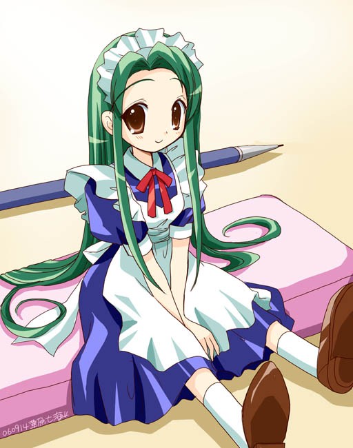 eraser female female_only green_hair human kahara_nanami long_hair maid mechanical_pencil minigirl oversized_object pencil solo suzumiya_haruhi_no_yuuutsu tsuruya very_long_hair