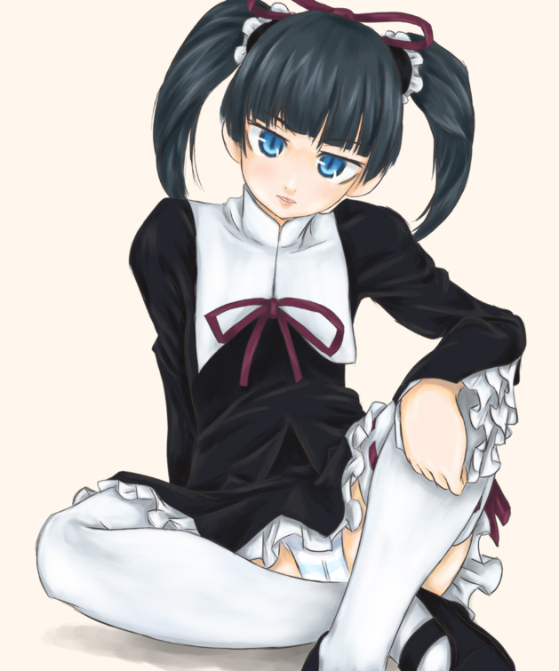 1girls black_hair blue_eyes blue_panties coyote_ragtime_show gothic_lolita lolita_fashion march_(coyote_ragtime_show) panties pantyshot pantyshot_(sitting) pantyshot_sitting sitting solo striped striped_panties thighhighs tied_hair twintails underwear white_legwear