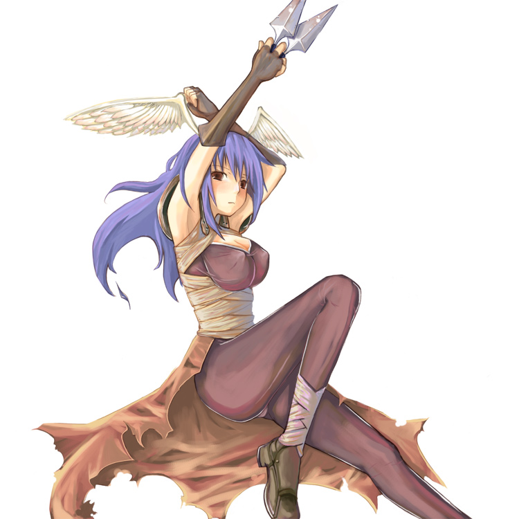 1girls assassin assassin_(ragnarok_online) between_fingers blue_hair breasts brown_eyes elbow_gloves female gloves head_wings jamadhar katar kunai long_hair pantyhose purple_hair ragnarok_online solo weapon wings