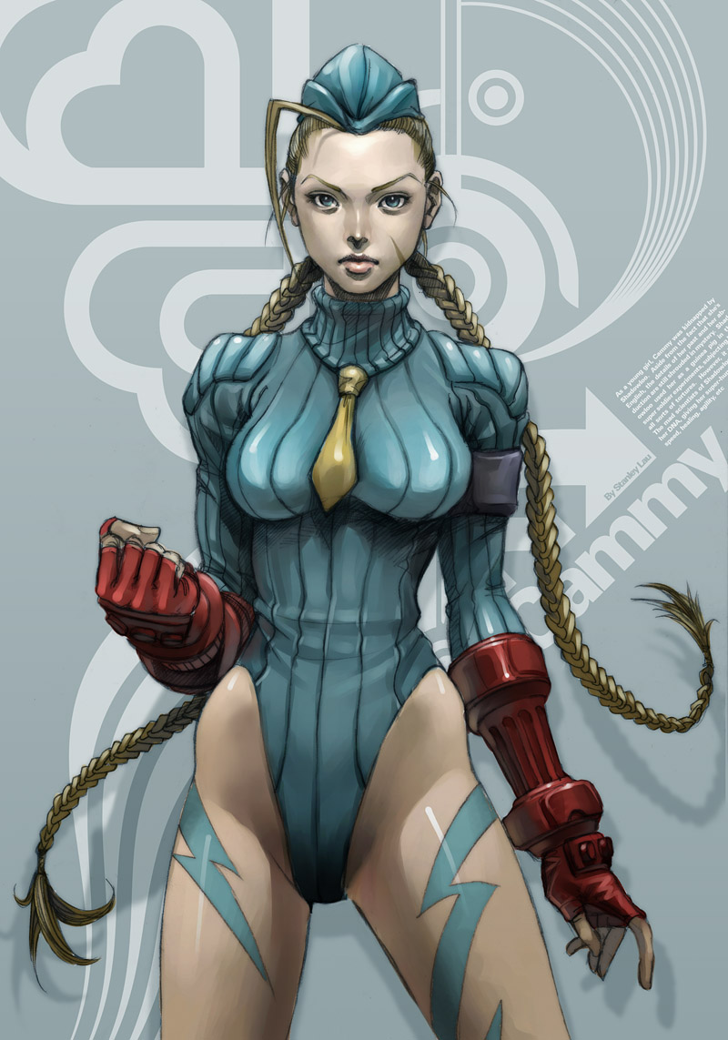 alternate_costume blonde_hair blue_eyes braid braids cammy_white capcom female female_only garrison_cap hair hat human leotard necktie scar solo stanley_lau straight_hair street_fighter street_fighter_alpha street_fighter_iv twin_braids