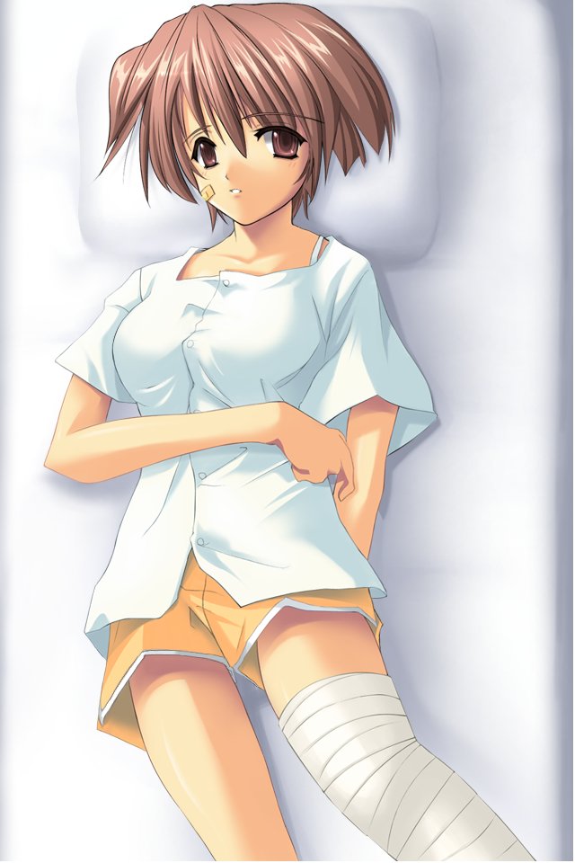 ashida_chika bandaid bed bra cast chika_ashida from_above game_cg lingerie lying on_back pillow pink_eyes pink_hair shikkaku_ishi short_hair shorts solo tsujita_daisuke underwear