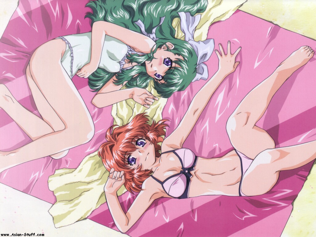 blush bow casual_one-piece_swimsuit green_hair long_hair miyafuji_miina one-piece_swimsuit onegai_twins onodera_karen purple_eyes red_hair ribbon short_hair swimsuit towel