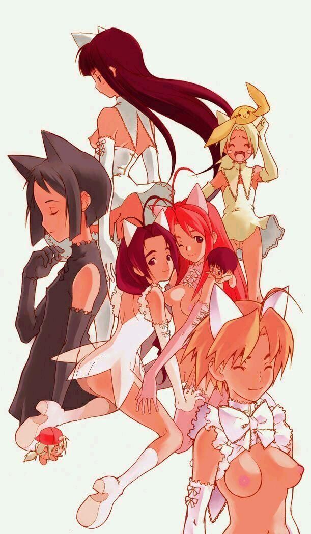 animal_ears aoyama_motoko black_hair blonde_hair bob_cut breasts brown_hair cat_ears elbow_gloves everyone gloves jpeg_artifacts kaolla_su konno_mitsune love_hina maehara_shinobu multiple_girls narusegawa_naru nipples otohime_mutsumi photoshop pussy red_hair tama_(love_hina) thighhighs topless uncensored white_background white_hair