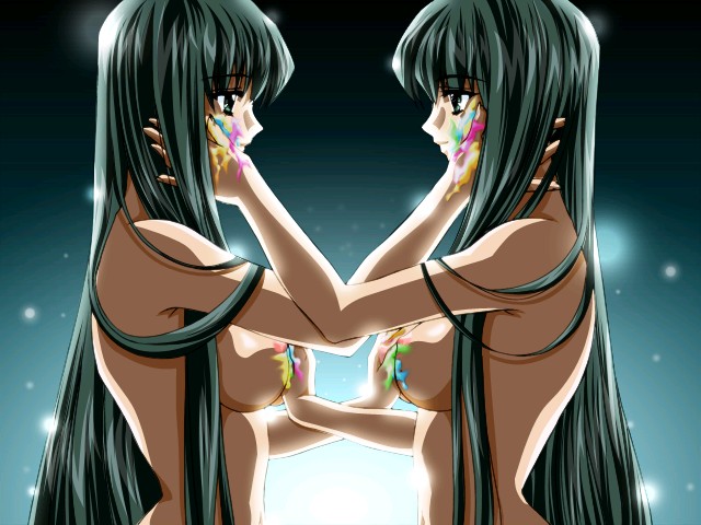 2girls 90s black_hair bodypaint breasts carnelian eye_contact female game_cg incest long_hair messy mieno_yuki mieno_yumi multiple_girls nipples nude paint pil_(company) siblings sister sisters smile symmetrical_docking twincest twins wam_xxxnovel-wetandmessy.com yuri