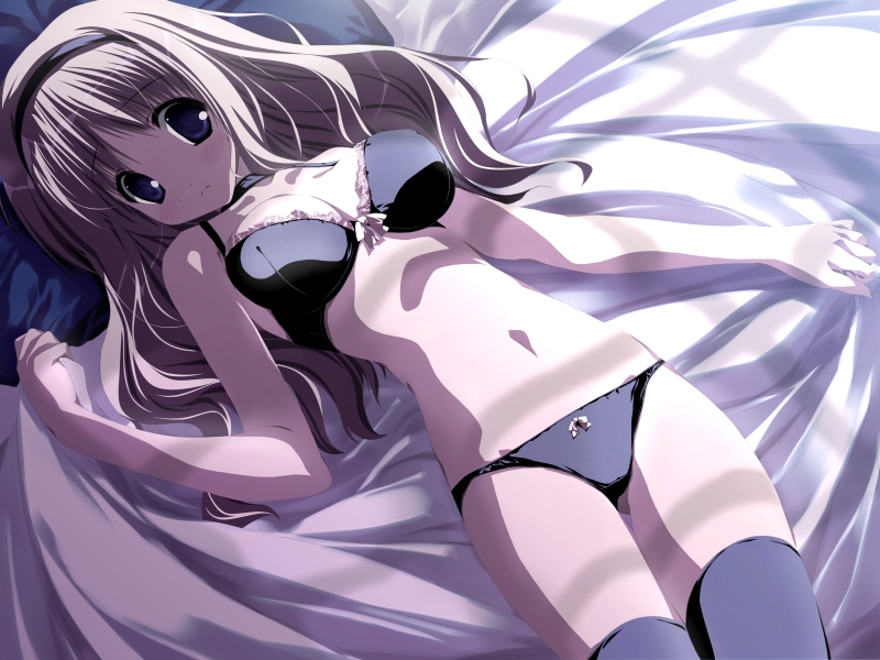 bed game_cg h2o_footprints_in_the_sand kagura_hinata lingerie solo thighhighs underwear