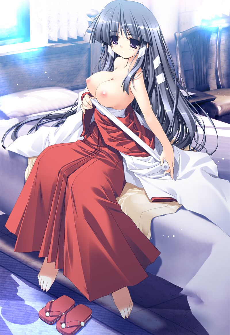 1girls bandage bandages barefoot bed black_hair breasts female hakama japanese_clothes kagura_(prism_ark) long_hair miko nipples prism_ark sarashi sitting solo topless