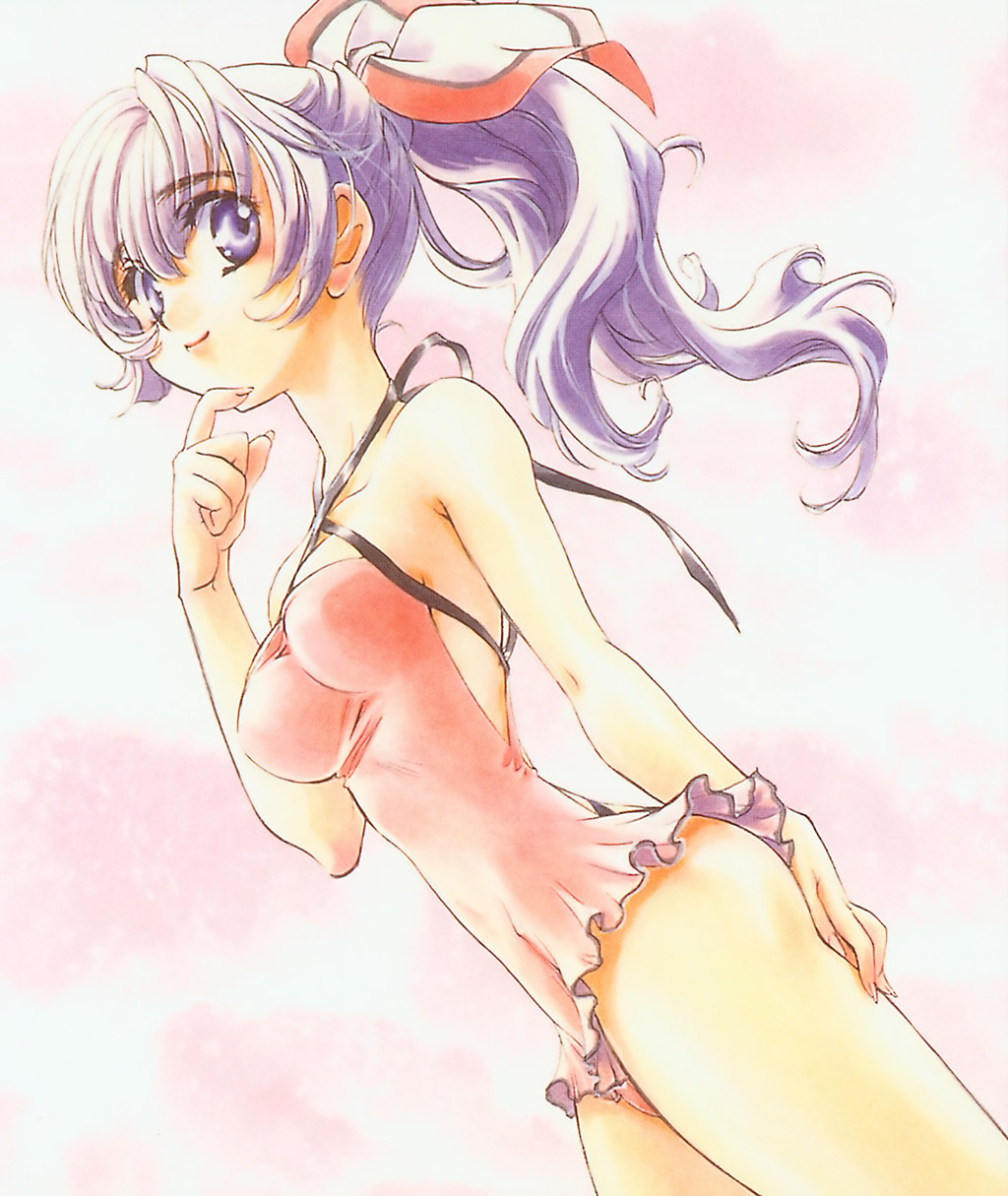 bare_shoulders casual_one-piece_swimsuit chin_stroking color dutch_angle frilled_swimsuit frills full_metal_panic halterneck highres one-piece_swimsuit ponytail purple_eyes purple_hair shikidouji smile solo swimsuit teletha_testarossa tied_hair