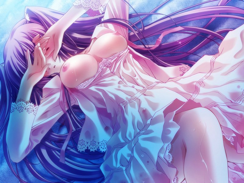 1girls airi_(quilt) beach blush breasts carnelian female game_cg huge_breasts large_breasts long_hair nipples pink_hair quilt quilt_(game) ribbon solo tied_hair twintails two_side_up wet