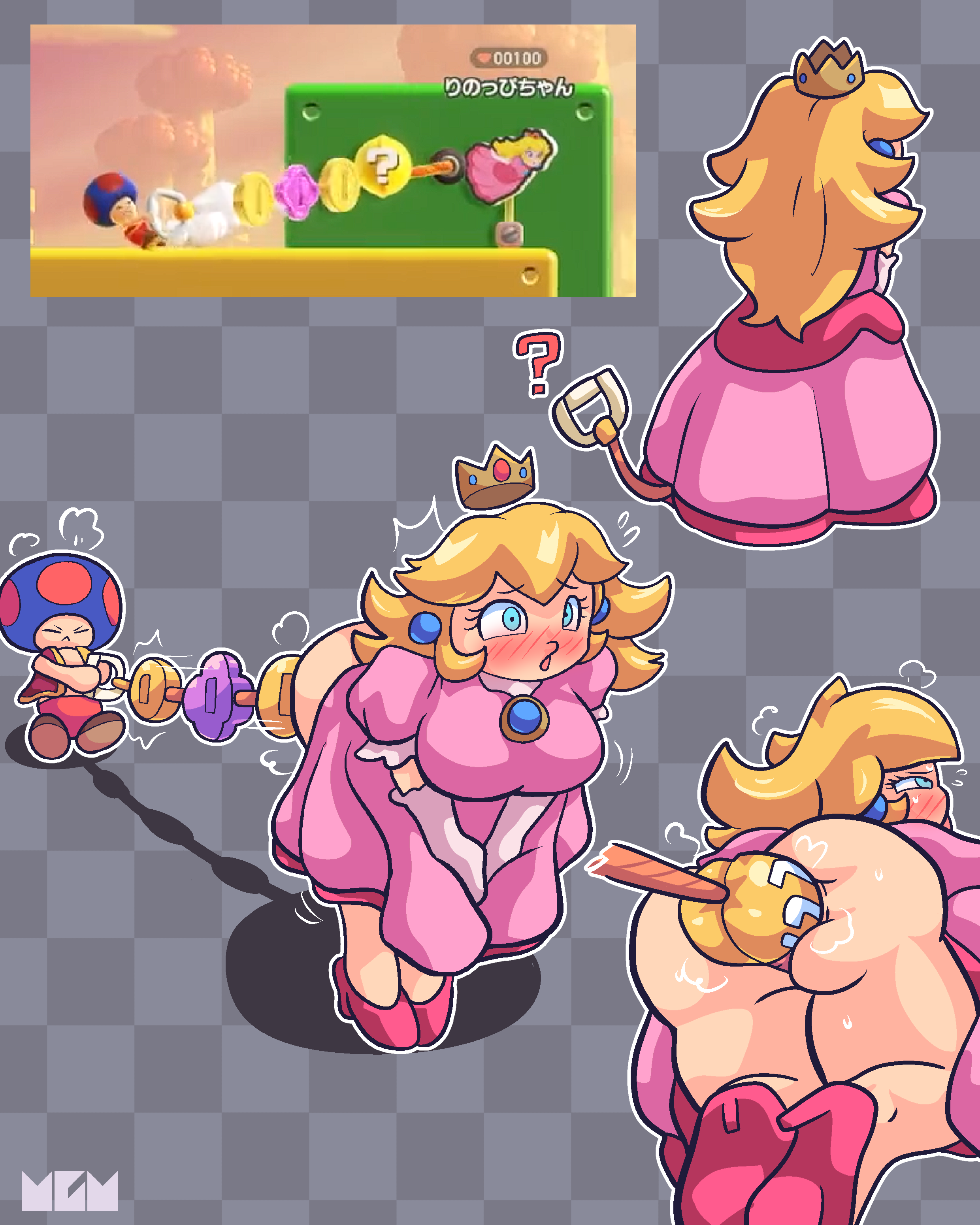 1boy, 1girls, anal, anal beads, anal beads in ass, anal beads pull, ass, blonde hair, blue eyes, breasts, clothing, dress, female, female human, fire blue toad, fire flower, fire toad, grey background, huge anal beads, human, humanoid, hyper anal beads, large insertion, long hair, male, mario (series), peach standee, pink dress, princess peach, sex toy, simple background, standee, super mario bros. wonder, tmogumi, toad (mario)