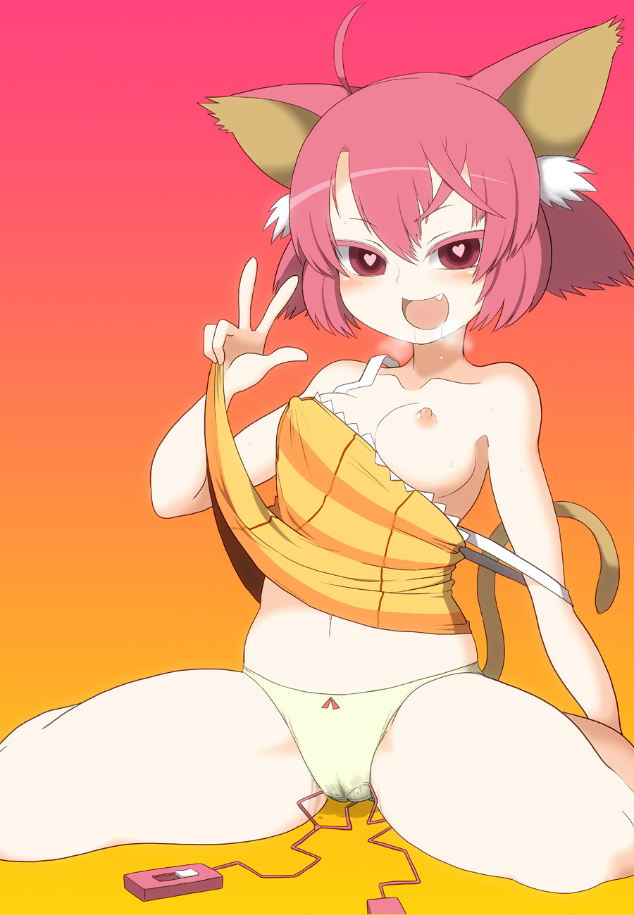 :d ahoge animal_ears bow_panties camisole cat_ears colored_eyelashes cute_fang female ken_(koala) navel one_breast_out pale_skin panties pink_eyes pink_hair pussy_juice saliva shirt_lift short_hair spread_legs strap_slip symbol-shaped_pupils tail thick_thighs v vibrator_under_panties wariza wet_panties