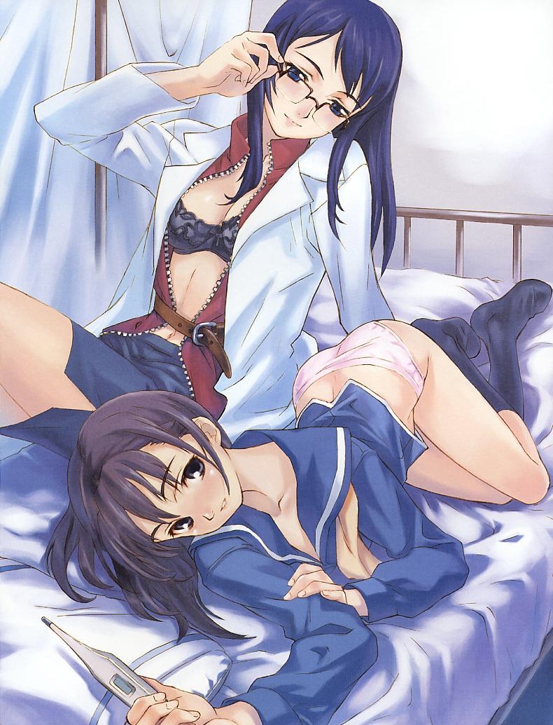 2girls bed belt black_bra black_legwear black_socks bottomless bra color female footwear glasses labcoat lingerie matsuryuu multiple_girls open_clothes open_shirt panties shirt socks thermometer underwear undressing white_panties yuri