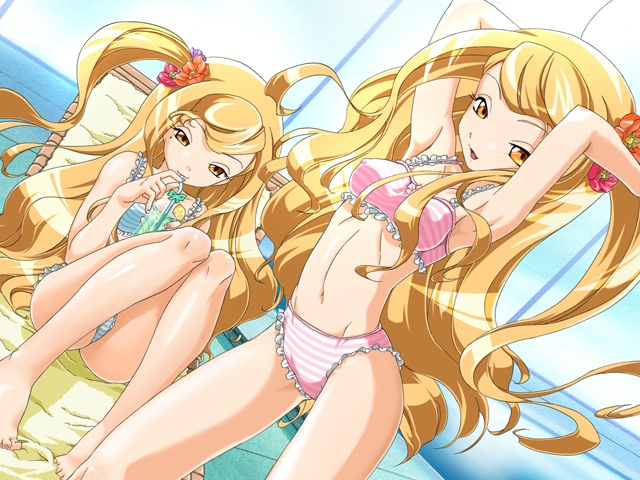 adjusting_hair armpits arms_up barefoot bikini blonde_hair drink dutch_angle erect_nipples frills game_cg kawahara_makoto kissing!!_~under_the_mistletoe~ kissing_under_the_mistletoe long_hair midriff mole pool siblings side_ponytail sisters sitting standing straw striped striped_bikini striped_swimsuit swimsuit takase_rion takase_shion twins water window yellow_eyes