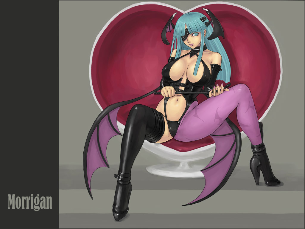 1girls 4:3 ark breasts capcom clothing darkstalkers eye_patch female green_hair head_wings large_breasts leather morrigan_aensland pantyhose solo stockings thighhighs valentine vampire_savior wallpaper whip wings