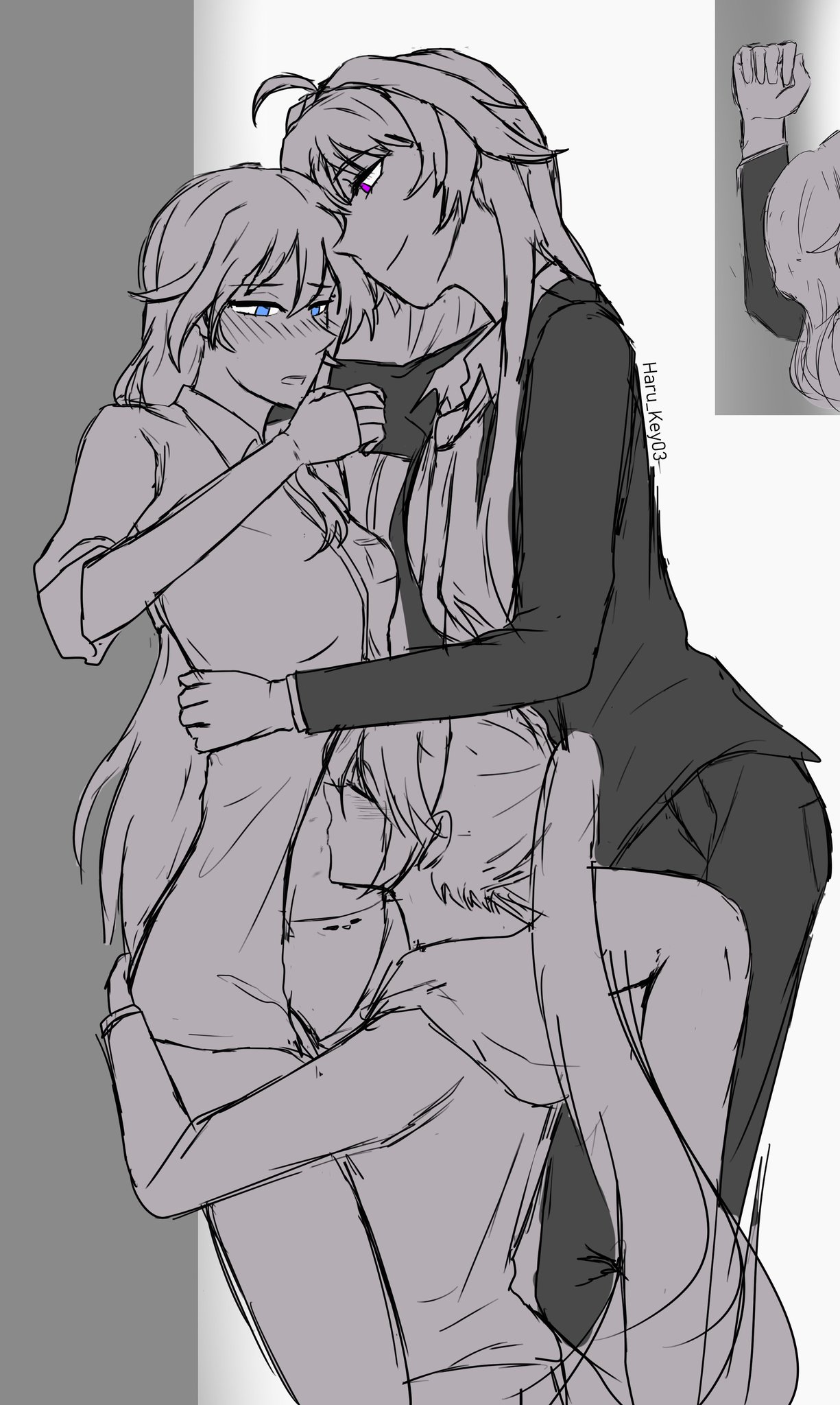 3girls, against wall, ass, blush, bottomless, female, female only, fu hua, hand on ass, haru key03, honkai (series), honkai impact 3rd, kiana kaslana, kissing belly, kissing stomach, lesbian sex, panties, partially clothed, raiden mei, smirk, smirking, standing, standing sex, suit, threesome, yuri