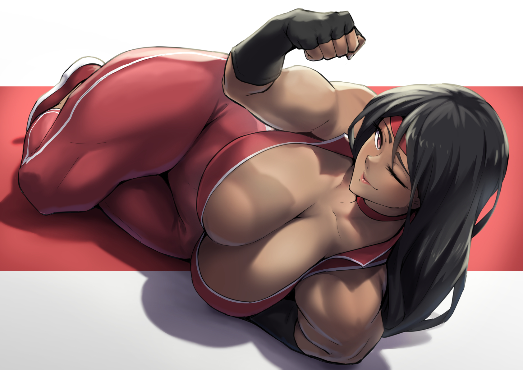 breasts, choker, cleavage, commission, dark skin, dark-skinned female, female, fingerless gloves, gloves, huge breasts, jamie supreme (megaflare08), long hair, lying, lying on side, muscular, muscular female, original, packge, solo, sportswear, thick thighs, wink