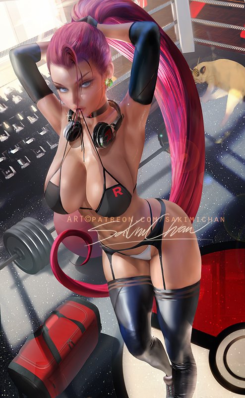 1girls, 2022, alternate breast size, alternate hairstyle, alternate version available, armpits, arms up, artist signature, bikini, black bikini, blue eyes, breasts, female, female only, gym, gym clothes, headphones, headphones around neck, hips, huge breasts, jessie (pokemon), long hair, long ponytail, pokemon, pokemon (anime), ponytail, red hair, sakimichan, skindentation, slim waist, sportswear, team rocket, thick thighs, thighhighs, thighs, tying hair, watermark, wide hips, workout clothes