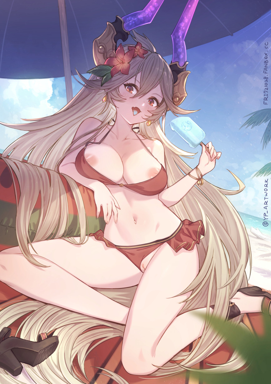 arm_under_breasts bangs beach beach_towel beach_umbrella bikini bikini_aside bikini_pull bikini_skirt black_bikini black_footwear blue_sky blush bracelet breasts brown_hair clothes_pull clothing_aside collarbone day earrings female flower food granblue_fantasy hair_between_eyes hair_flower hair_ornament hibiscus high_heels highres holding holding_food horns inverted_nipples jewelry large_breasts layered_bikini long_hair navel nipple_slip nipples outdoors popsicle pussy red_bikini red_eyes red_flower red_skirt sandals shoes showgirl_skirt single_shoe sitting skirt sky solo swimsuit threo_(granblue_fantasy) tongue tongue_out towel twitter_username umbrella uncensored very_long_hair yellowpaint. yokozuwari