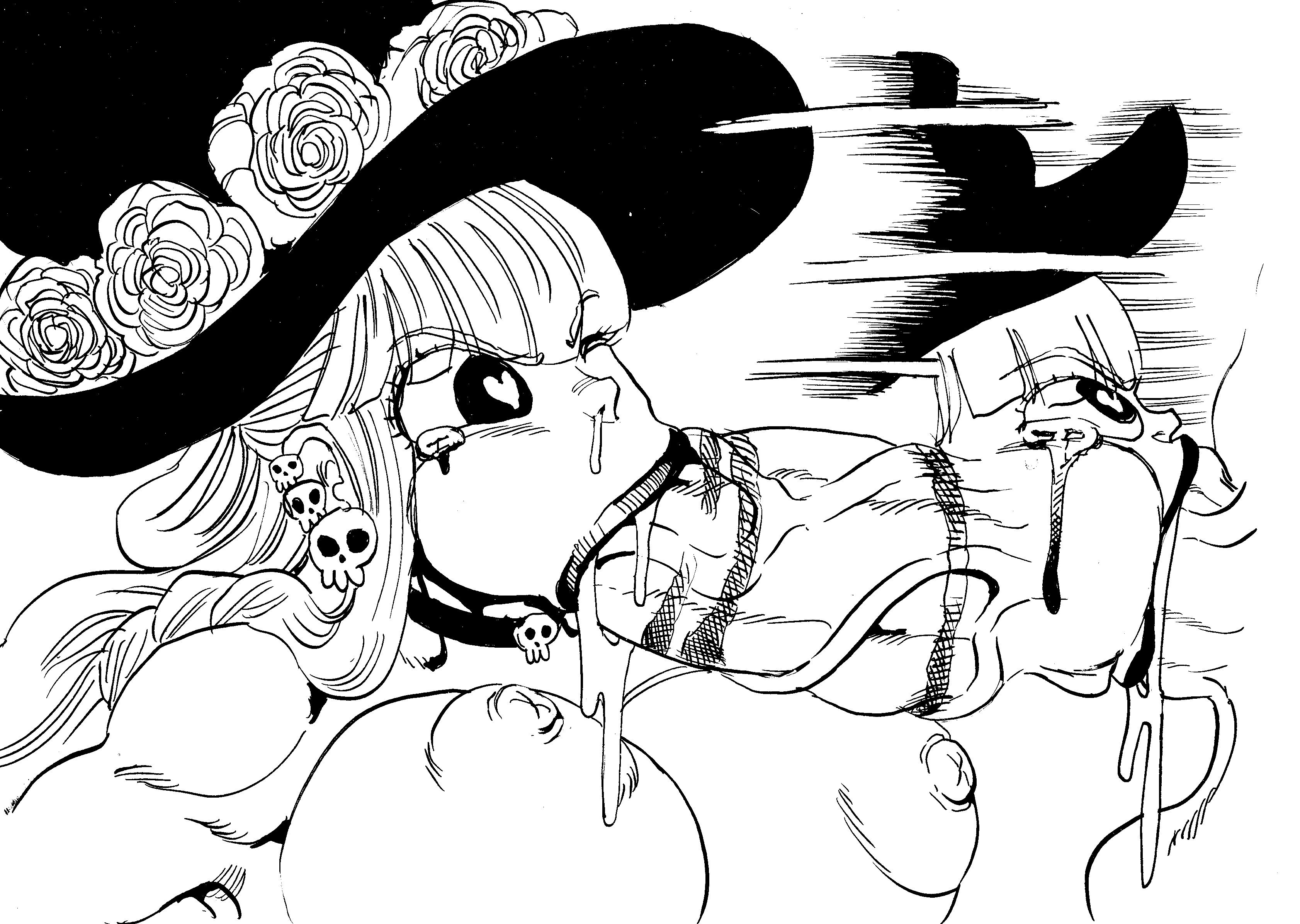 1boy, 1girls, big breasts, big penis, black and white, breasts, choker, deepthroat, earrings, fellatio, female, goudadunn, hat, heart-shaped pupils, lipstick mark, lipstick on penis, male, motion blur, one piece, penis, perona, post-timeskip, saliva, saliva drip, shounen jump, snot, tears