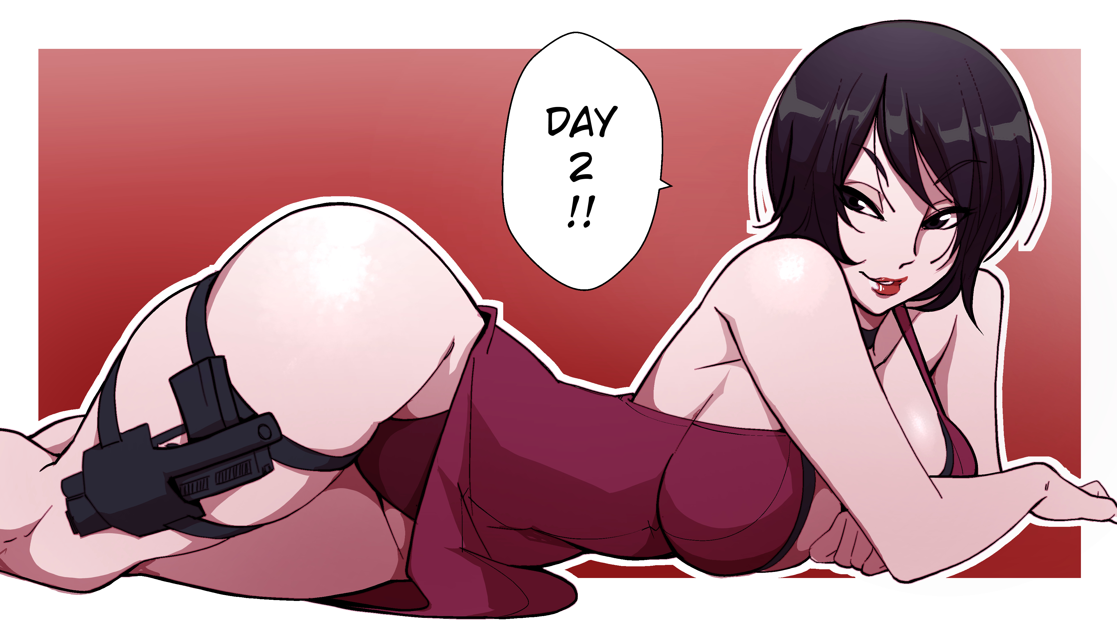 1girls, 2020, big breasts, black eyes, black hair, breasts, capcom, cleavage, female, firearm, gun, handgun, human, large breasts, legwear, looking at viewer, nisego, pale skin, resident evil, resident evil 4, seductive, seductive smile, short hair, smile, smiling, thick thighs, weapon