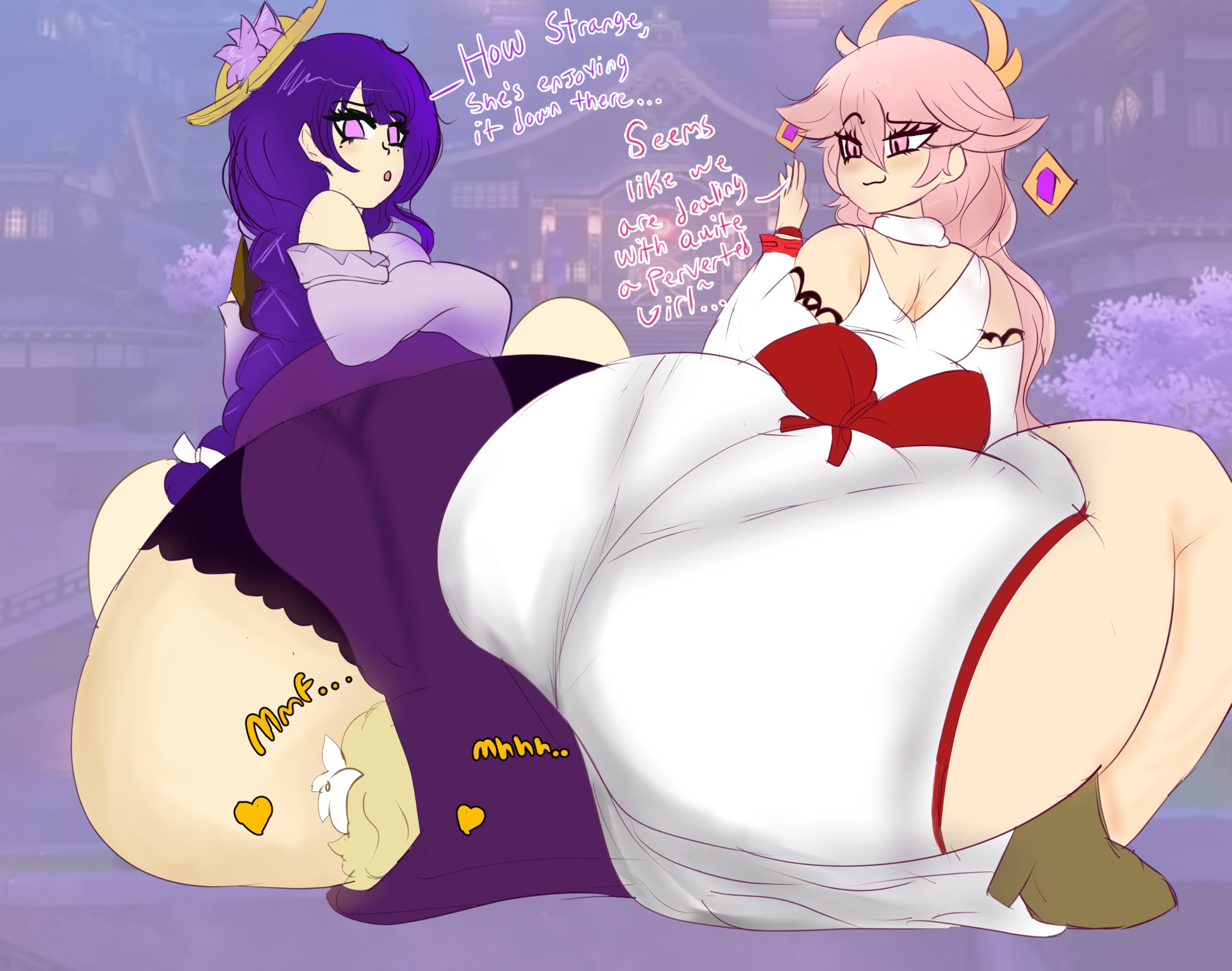 3girls, about to fart, ass, ass on face, ass to ass, big ass, big butt, black panties, blush, braid, braided hair, facesitting, fart, fart fetish, female, genshin impact, heart, looking back, lumine (genshin impact), melissaalli, multiple females, multiple girls, open mouth, panties, pink eyes, pink hair, purple hair, raiden shogun, smile, text, thick thighs, yae miko, yuri