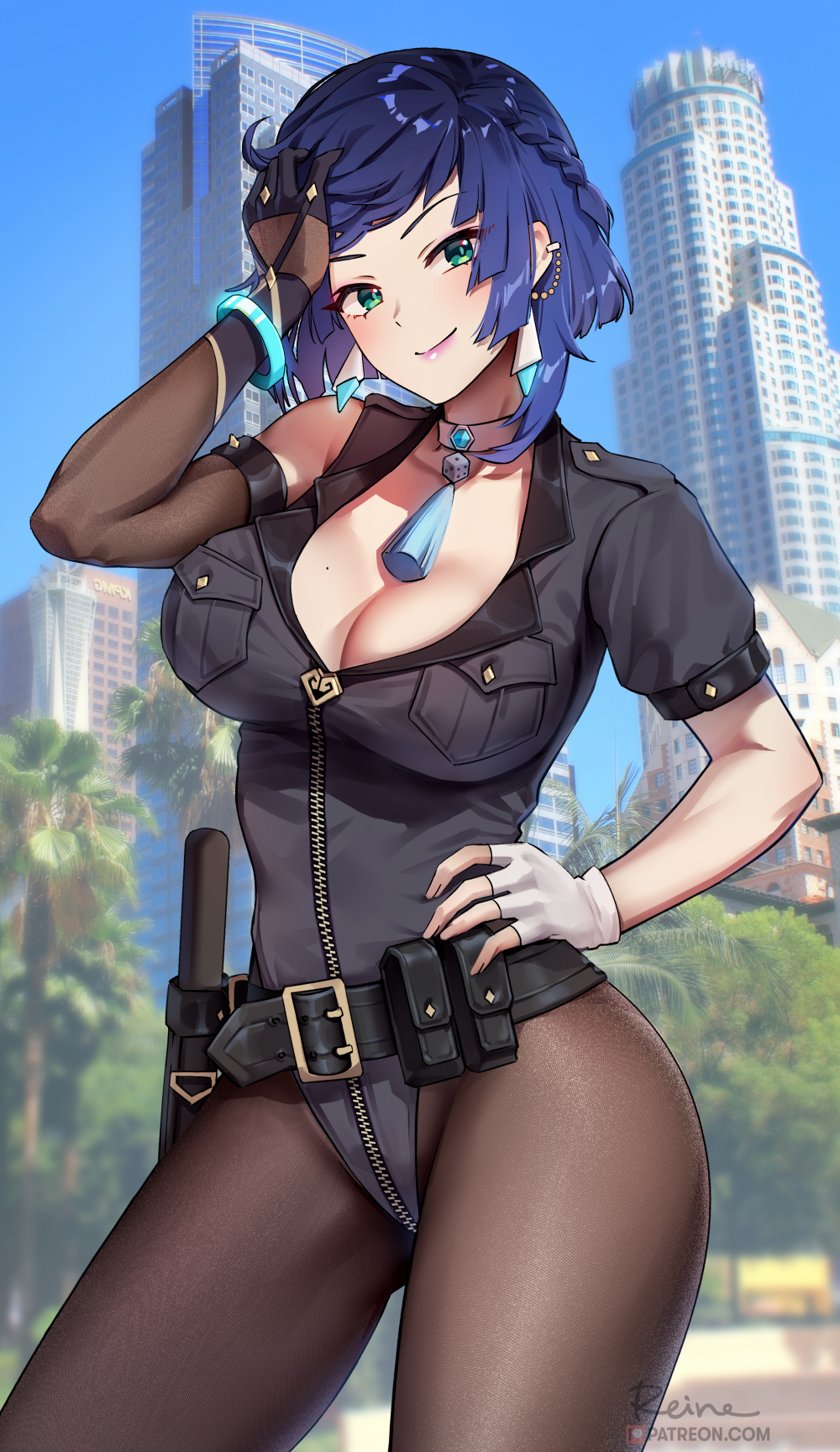 1girls, 2022, blue hair, breasts, cleavage, female, female only, foxy rain (foxyreine), foxyrain (foxyreine), foxyreine, genshin impact, green eyes, highleg leotard, hips, huge breasts, leotard, looking at viewer, outdoors, police costume, police uniform, policewoman, short hair, slim waist, smile, thick thighs, thighs, tights, wide hips, yelan (genshin impact)