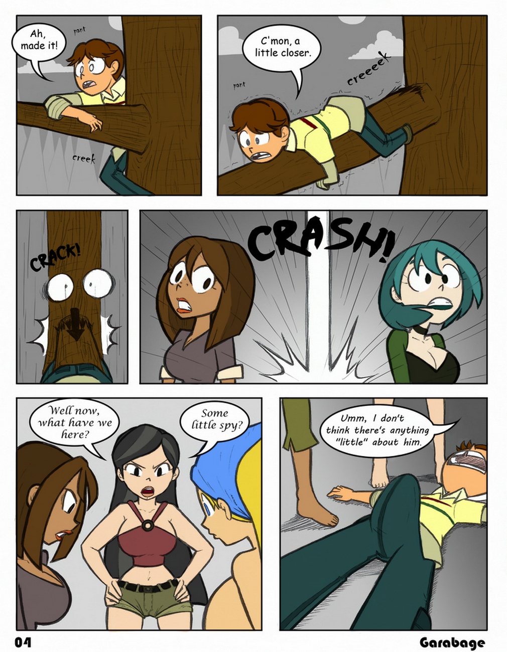 1boy, 4girls, asian female, black hair, blonde hair, blue eyes, brown hair, cartoon network, caught, cleavage, cody (tdi), comic, courtney (tdi), dark skin, dark-skinned male, dyed hair, english text, erection, female, garabatoz, gwen (tdi), heather (tdi), light skin, light-skinned female, light-skinned male, lindsay (tdi), male, multiple females, multiple girls, page 4, pale skin, pale-skinned female, shorts, teal hair, teletoon, text, total drama island, voyeur, white female, white male