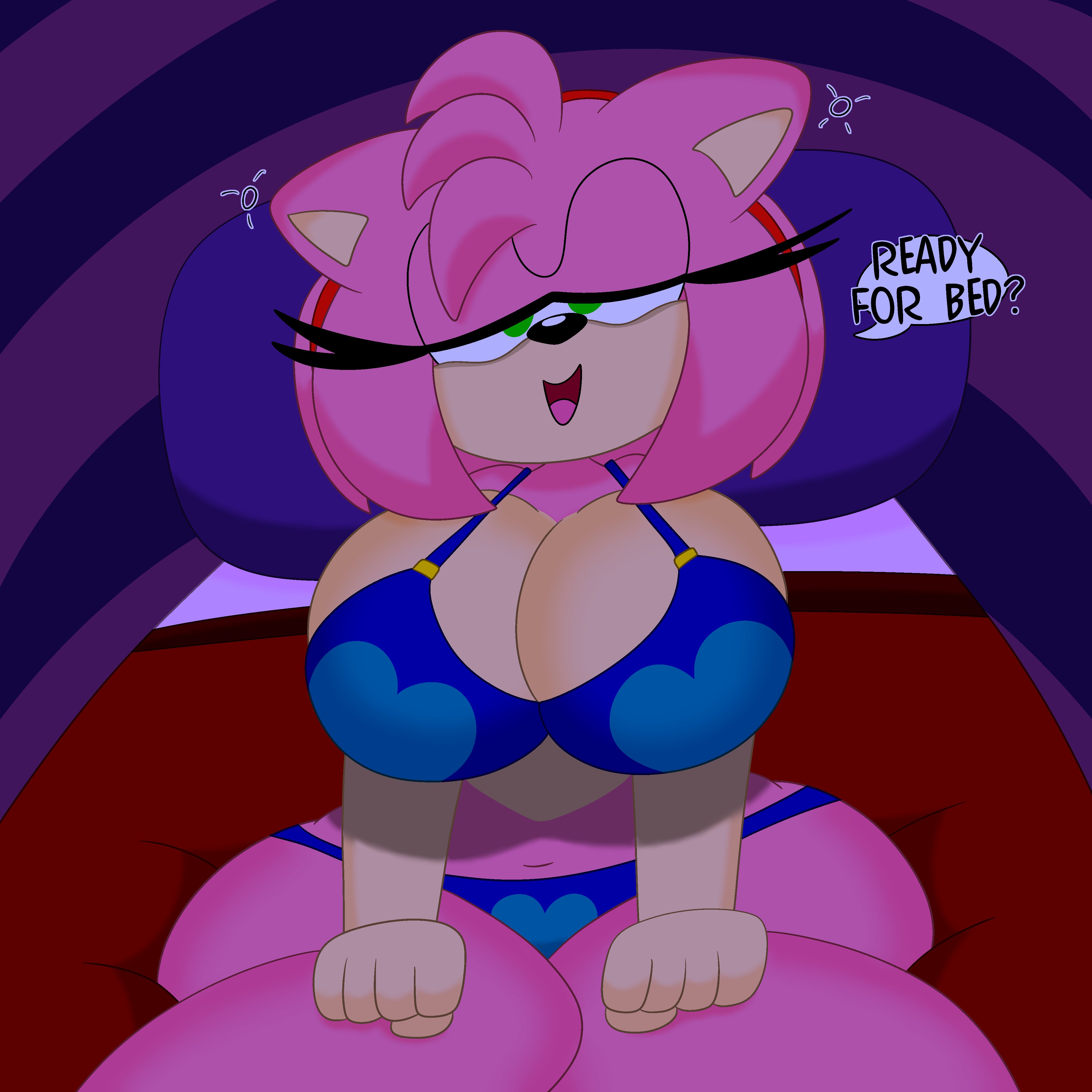 1girls, 3barts, amy rose, anthro, bed, bedroom, big breasts, bra, breasts, cleavage, dialogue, female, female only, green eyes, half-closed eyes, headband, hedgehog, huge breasts, looking at viewer, panties, pink skin, sitting, solo, sonic (series), talking to viewer, thick thighs, tired, wide hips