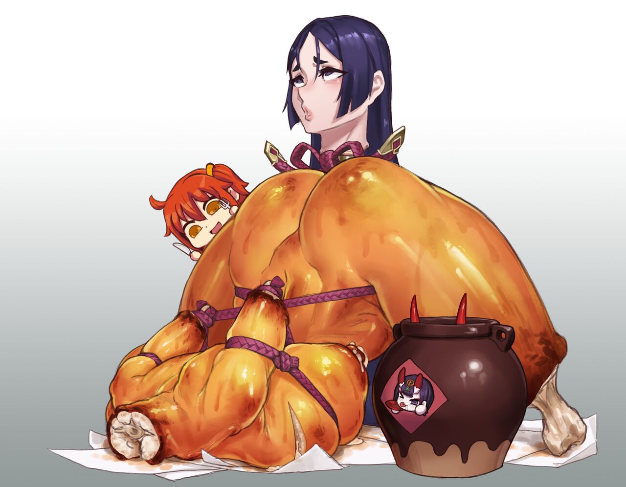 amputee arched_back ass_focus ass_up bubble_ass bubble_butt cannibalism dat_ass death dimples_of_venus fate/grand_order fate_(series) female_death food goblin_potato gore guro light-skinned_male light_skin minamoto_no_raikou_(fate/grand_order) quadruple_amputee roasted thick_ass thick_thighs