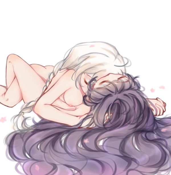 2girls, bangs, braid, breast press, breasts, cowgirl position, female, female only, holding hands, honkai (series), honkai impact 3rd, kiana kaslana, kissing, lesbian sex, long hair, multiple females, multiple girls, naked, nipples, nude, nude female, raiden mei, romantic sex, silver hair, yuri